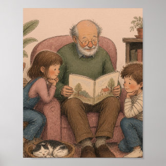 Een opa's voorleesverhaal – Vintage kinder-illustr Poster