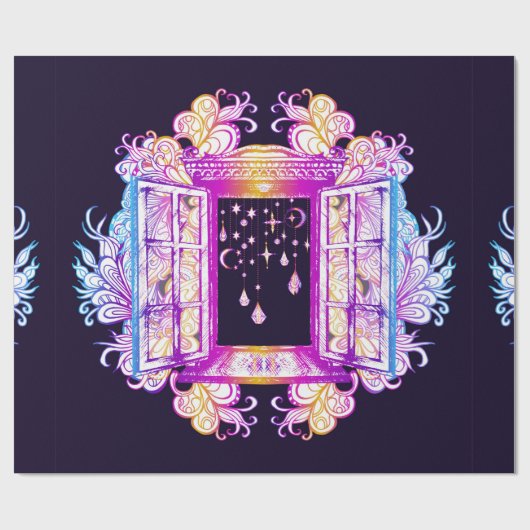 Een open  venster met slangen tegen een achtergron cadeaupapier (Vlak)