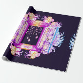 Een open  venster met slangen tegen een achtergron cadeaupapier (Uitgerold)