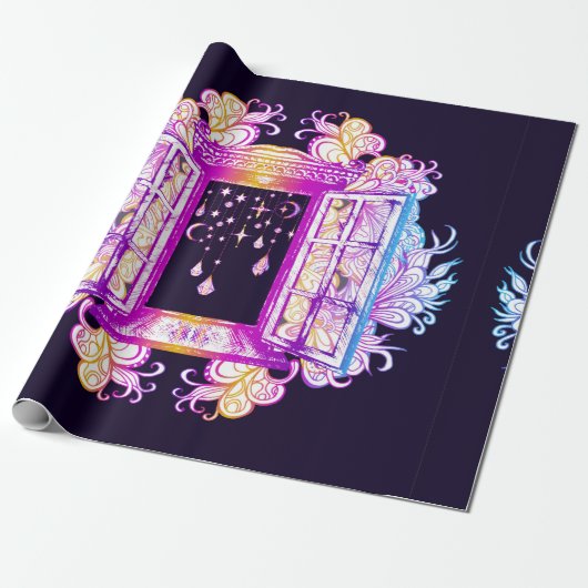 Een open  venster met slangen tegen een achtergron cadeaupapier (Uitgerold)