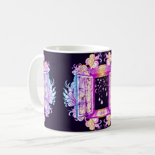 Een open  venster met slangen tegen een achtergron koffiemok (Voorkant links)