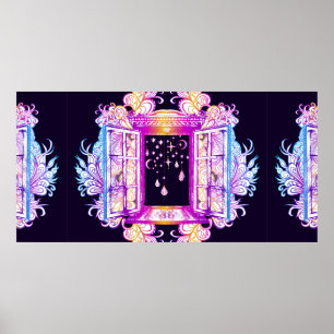 Een open  venster met slangen tegen een achtergron poster