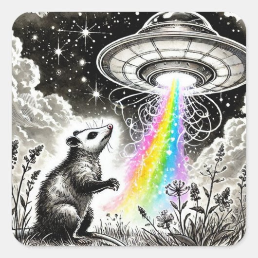 Een opossum en een ufo vierkante sticker (Voorkant)