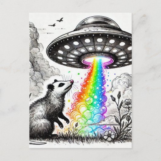 Een opossum met een paar vogels en een ufo briefkaart (Voorkant)