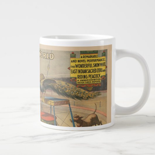 Een optredende zebu en pauw met clown trainer grote koffiekop (Rechts)