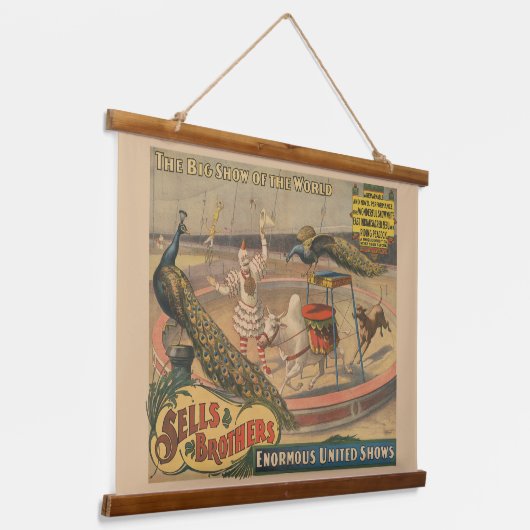 Een optredende zebu en pauw met clown trainer hangend wandkleed (Gebogen)