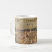 Een optredende zebu en pauw met clown trainer koffiemok (Voorkant links)