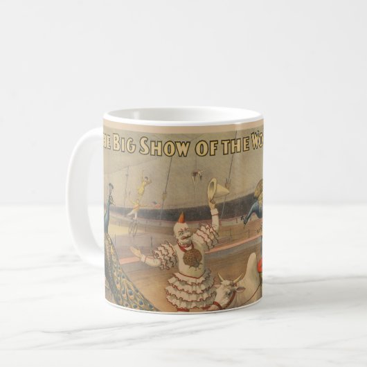 Een optredende zebu en pauw met clown trainer koffiemok (Voorkant links)