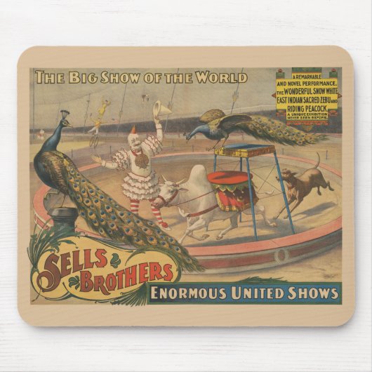 Een optredende zebu en pauw met clown trainer muismat (Voorkant)