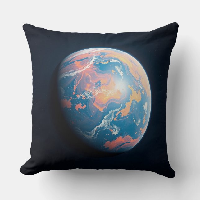 Een Oranje en Blauwe Planeet Kussen (Voorkant)