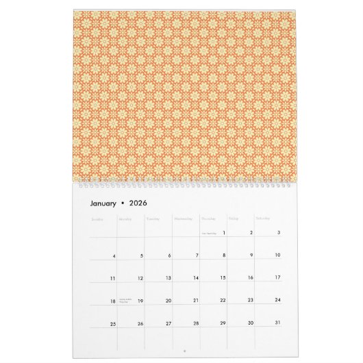 Een oranje en witte achtergrond met een motief kalender (Jan 2026)
