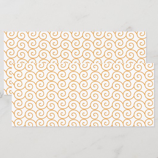 een oranje en witte achtergrond met krullen menu (Voorkant / Achterkant)