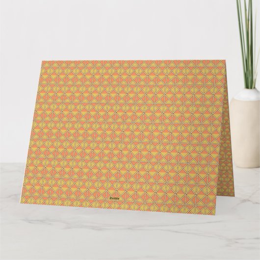 Een oranje, geel en bruin symmetrisch patroon w kaart (Achterkant)