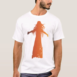Een oranje-toned silhouet een vrouw vloeiend haar t-shirt
