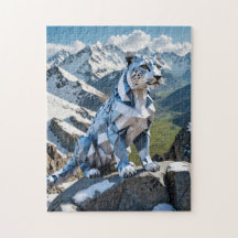 Een origami sneeuwluipaard in de bergen