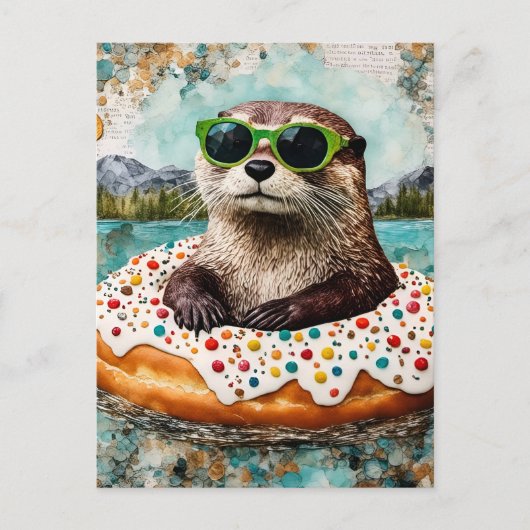 Een otter op vakantie in een drijvende donut briefkaart (Voorkant)