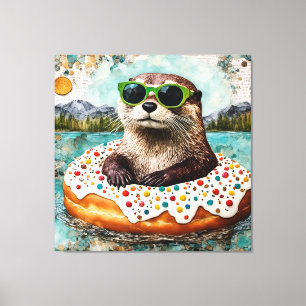 Een otter op vakantie in een drijvende donut canvas afdruk
