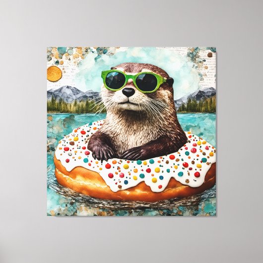 Een otter op vakantie in een drijvende donut canvas afdruk (Voorkant)