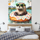 Een otter op vakantie in een drijvende donut canvas afdruk (Insitu (Slaapkamer))