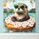 Een otter op vakantie in een drijvende donut canvas afdruk (Insitu (Houten vloer))