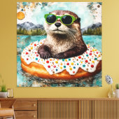 Een otter op vakantie in een drijvende donut canvas afdruk (Insitu (Woonkamer))