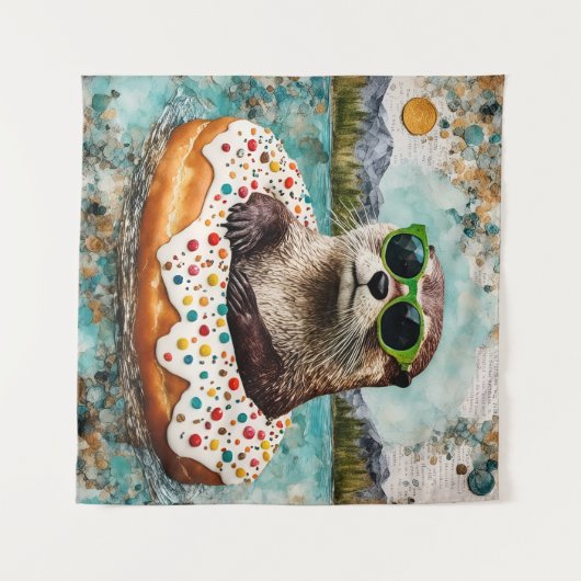 Een otter op vakantie in een drijvende donut wandkleed (Voorkant (horizontaal))
