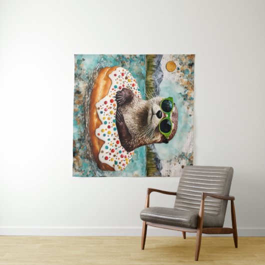 Een otter op vakantie in een drijvende donut wandkleed (In Situ (horizontaal))