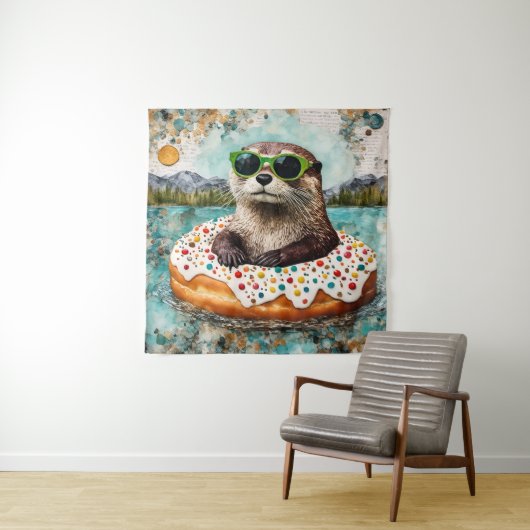 Een otter op vakantie in een drijvende donut wandkleed (In situ)