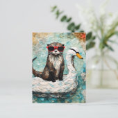Een otter op vakantie op een drijvende zwaan briefkaart (Staand voorkant)