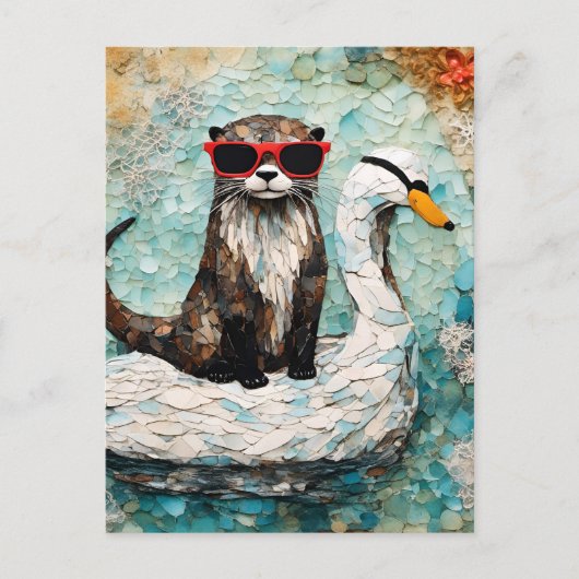 Een otter op vakantie op een drijvende zwaan briefkaart (Voorkant)