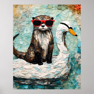 Een otter op vakantie op een drijvende zwaan poster