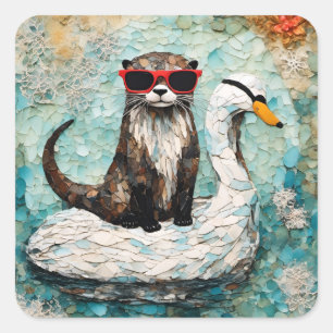 Een otter op vakantie op een drijvende zwaan vierkante sticker