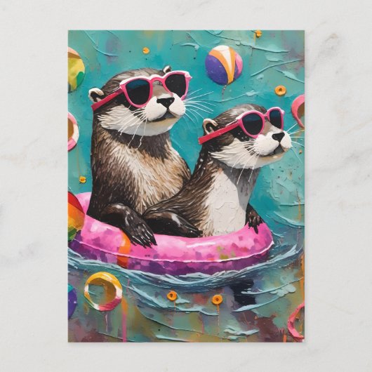 Een otterpaar op vakantie in een drijvende ring briefkaart (Voorkant)