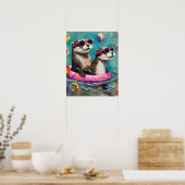 Een otterpaar op vakantie in een drijvende ring poster (Keuken)
