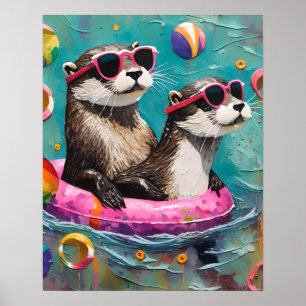 Een otterpaar op vakantie in een drijvende ring poster