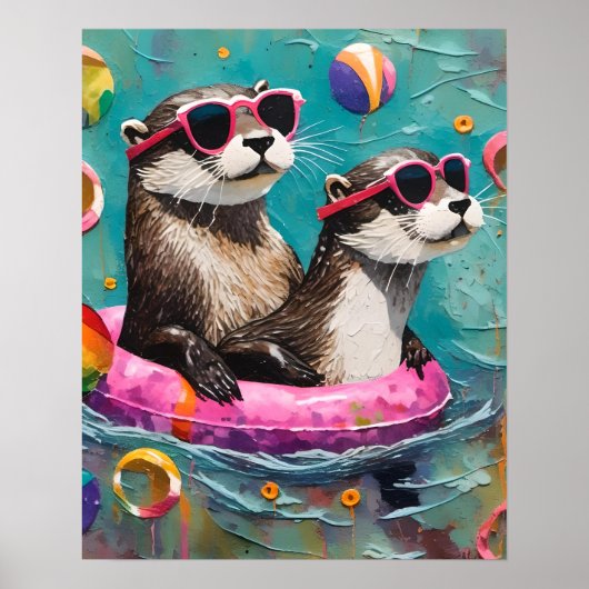 Een otterpaar op vakantie in een drijvende ring poster (Voorkant)
