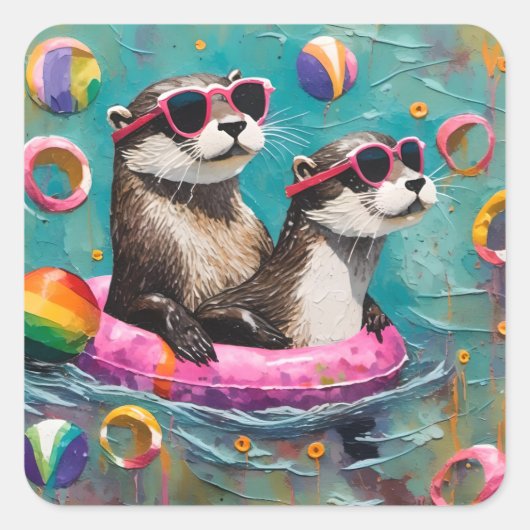 Een otterpaar op vakantie in een drijvende ring vierkante sticker (Voorkant)