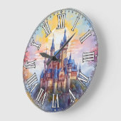 Een oud magisch kasteel in de ochtendmist grote klok (Hoek)