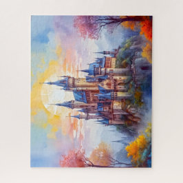 Een oud magisch kasteel in de ochtendmist legpuzzel