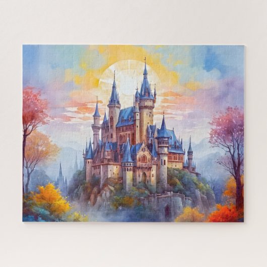 Een oud magisch kasteel in de ochtendmist legpuzzel (Horizontaal)