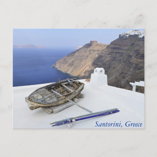 Een oude boot op het dak van een huis in Santorini Briefkaart (Voorkant)