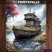 Een oude vissersboot verlaten in een bloeiend moer tissuepapier