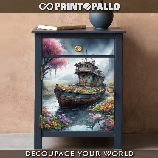 Een oude vissersboot verlaten in een bloeiend moer tissuepapier