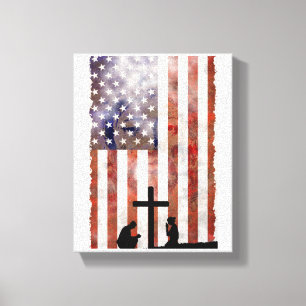 Een paar bidden bij Cross. Vlag, Jezus achtergrond Canvas Afdruk