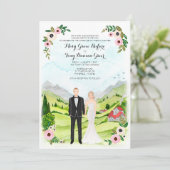 Een paar geïllustreerde portret Rustic Wedding Kaart (Staand voorkant)