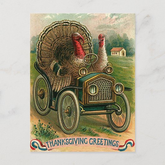 Een paar kalkoenen op een klassieke auto,  grappig briefkaart (Voorkant)