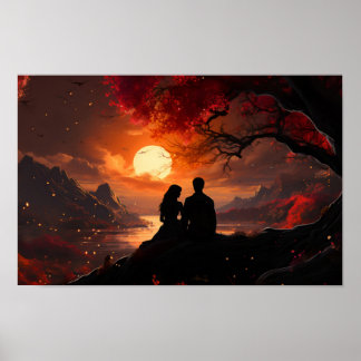 Een paar kijken naar de zonsondergang samen poster
