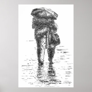 Een paar lopen in de regen poster