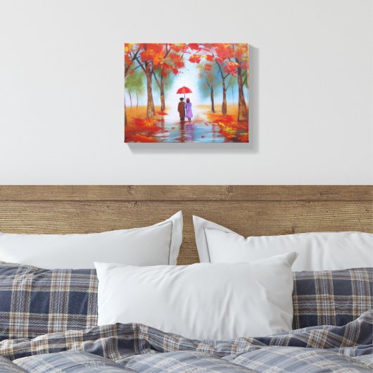 Een paar lopen in een regenachtige herfstdag in he canvas afdruk (Insitu (Slaapkamer))