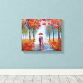 Een paar lopen in een regenachtige herfstdag in he canvas afdruk (Insitu (Houten vloer))